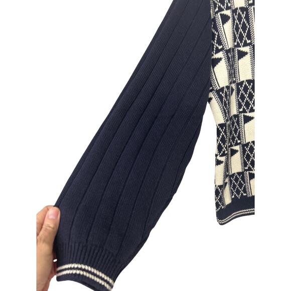 Vintage IZOD Cotton Nautical Flag Knit Cardigan Sweater Navy Cream L 90s Coastal - Picture 4 of 10